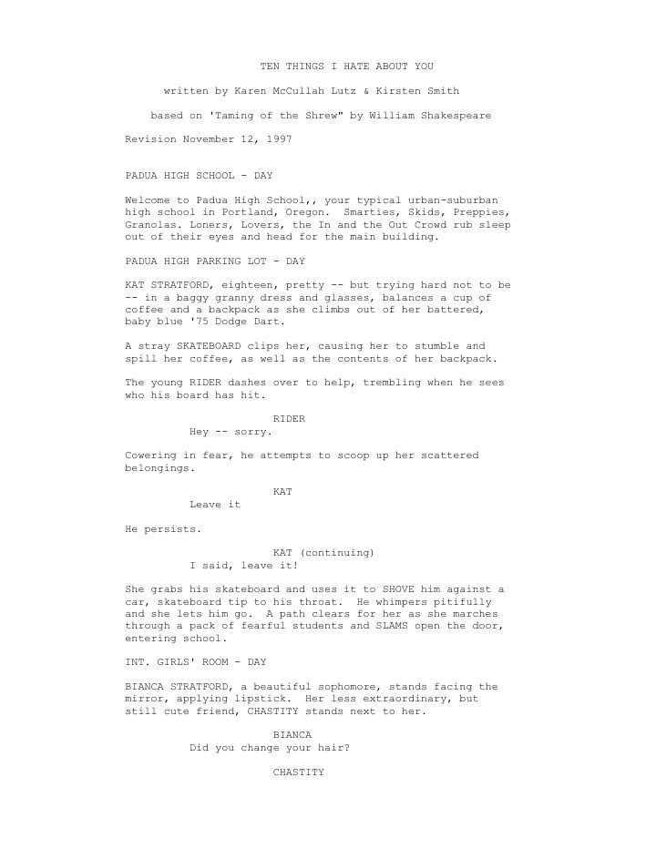 10 Things I Hate About You screenplay first page
