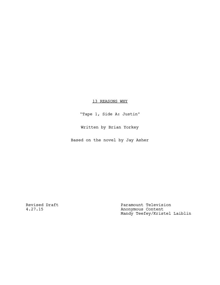 13 Reasons Why: 101: Tape 1, Side A screenplay first page