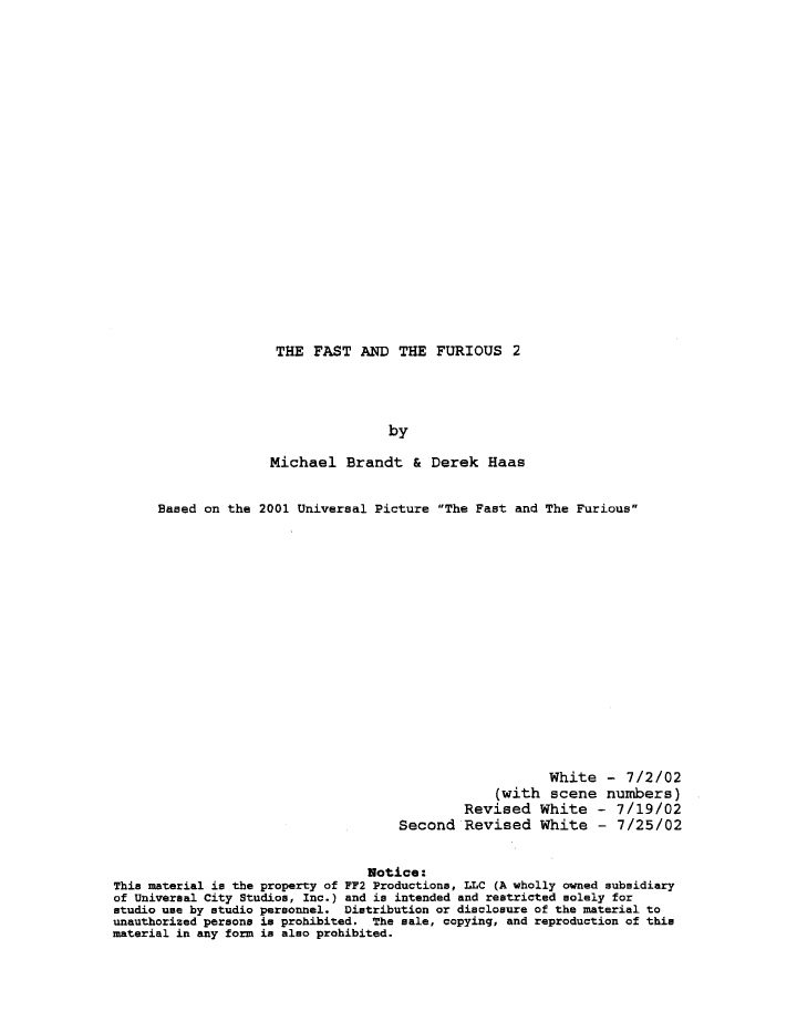 2 Fast 2 Furious screenplay first page