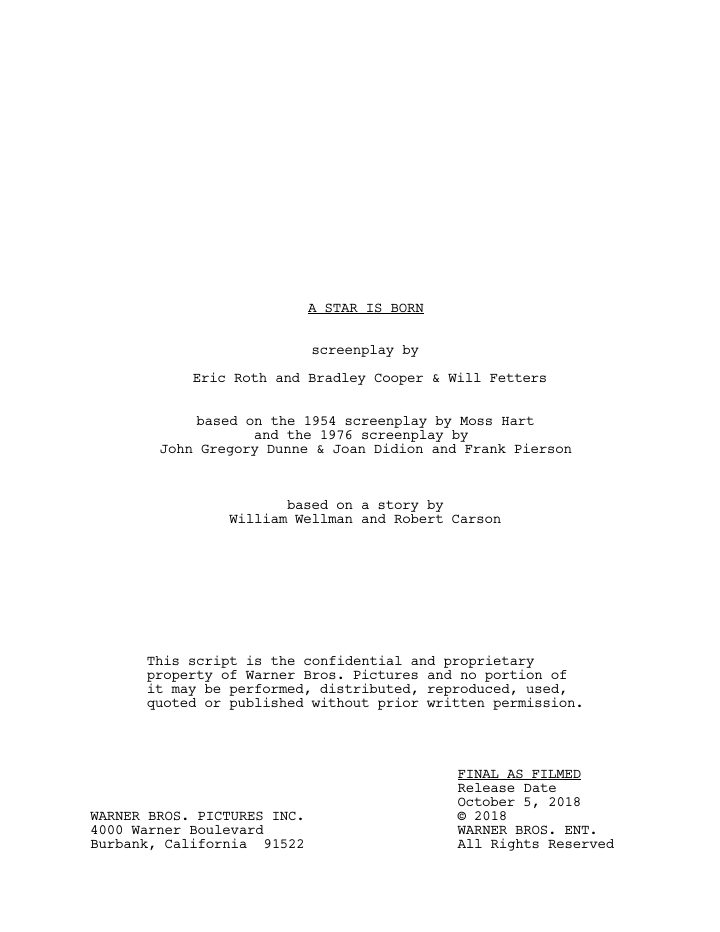 A Star is Born screenplay first page