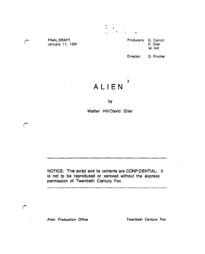 Alien³ screenplay first page