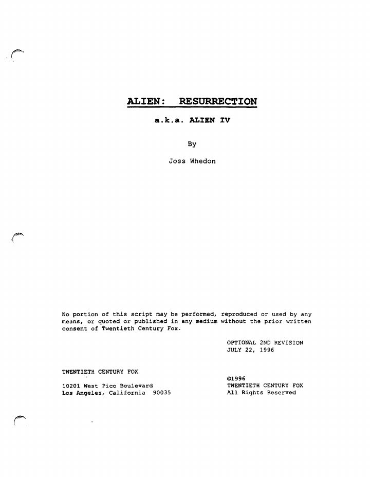 Alien Resurrection screenplay first page