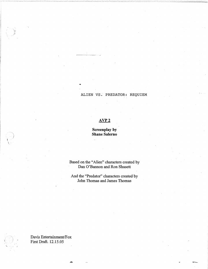Aliens vs. Predator: Requiem screenplay first page
