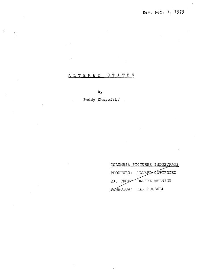 Altered States screenplay first page