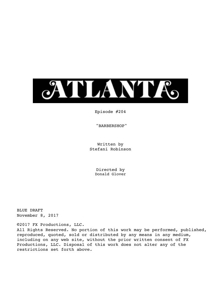 Atlanta: 205: Barbershop screenplay first page
