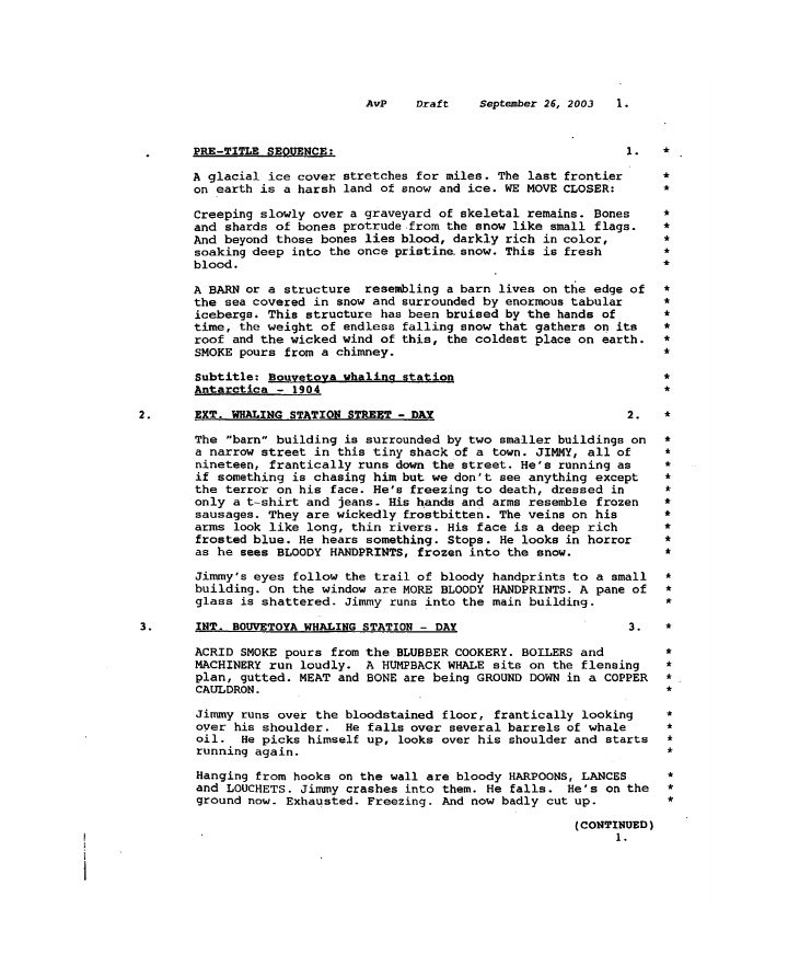 AVP: Alien vs. Predator screenplay first page
