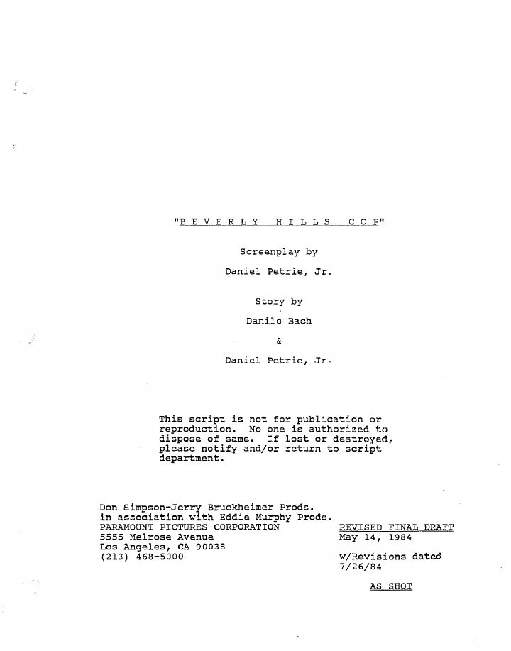 Beverly Hills Cop screenplay first page