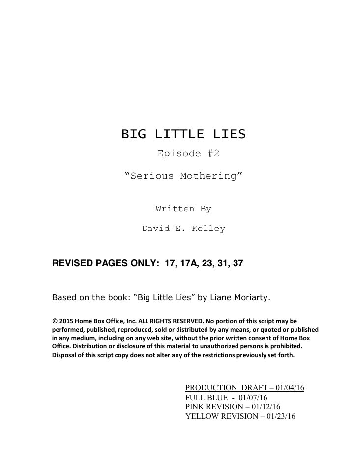 Big Little Lies: 102: Serious Mothering screenplay first page
