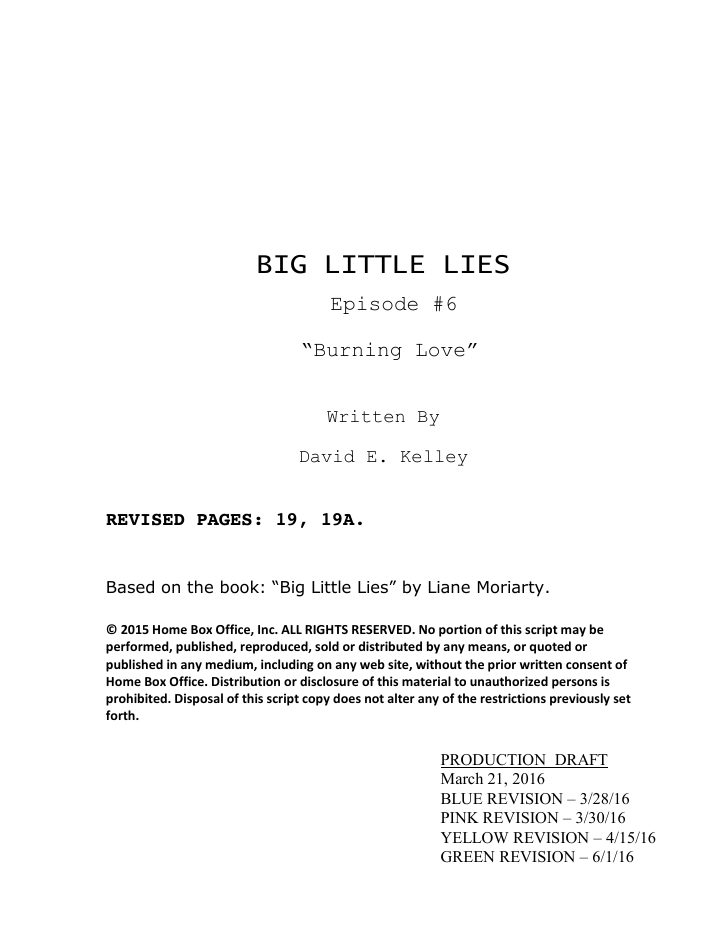 Big Little Lies: 106: Burning Love screenplay first page