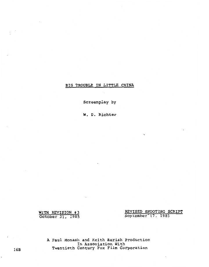 Big Trouble in Little China screenplay first page