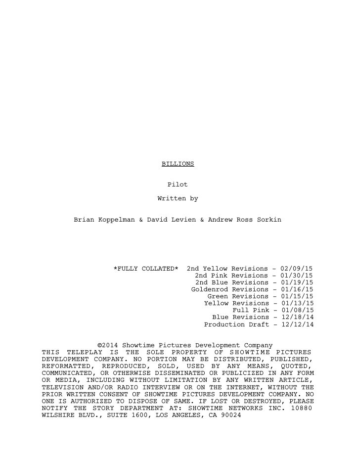 Billions: 101: Pilot screenplay first page