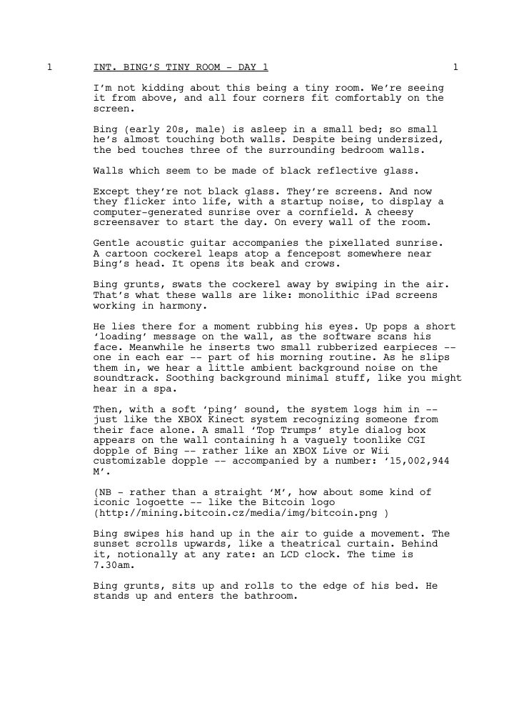 Black Mirror: 102: Fifteen Million Merits screenplay first page