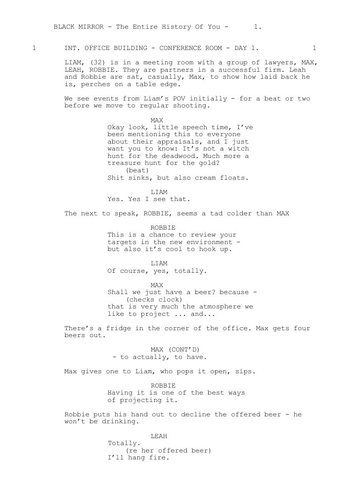 Black Mirror: 103: The Entire History of You screenplay first page