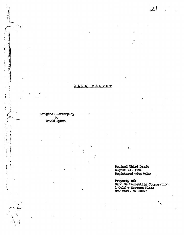 Blue Velvet screenplay first page