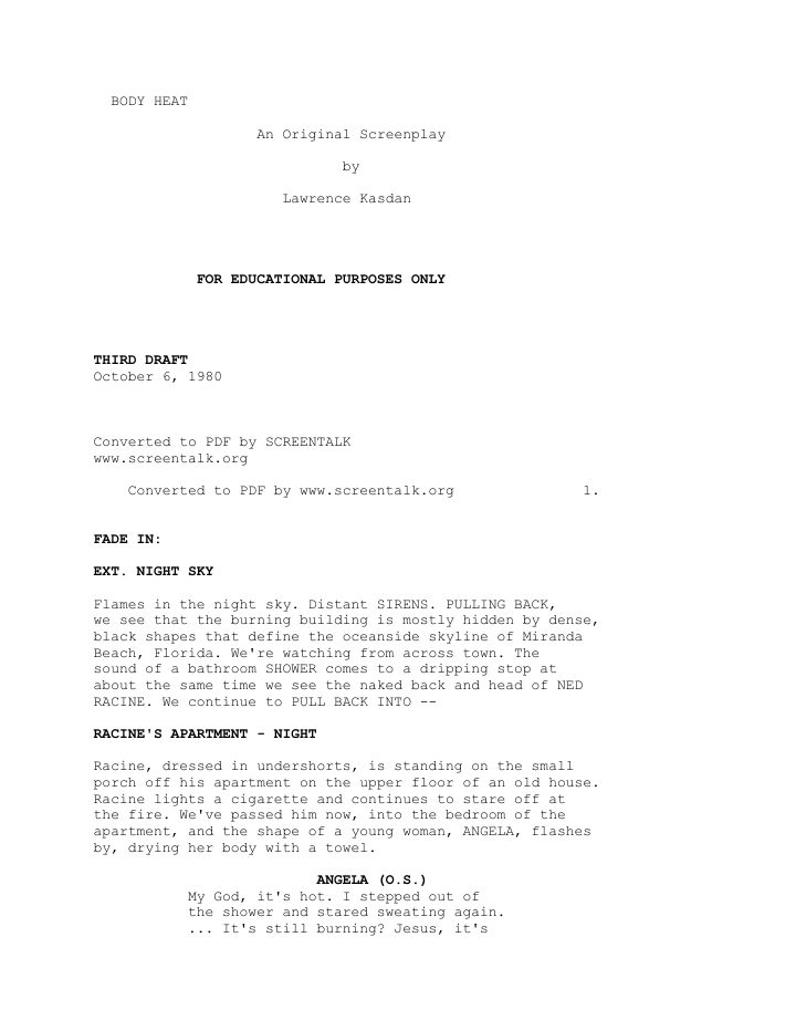 Body Heat screenplay first page