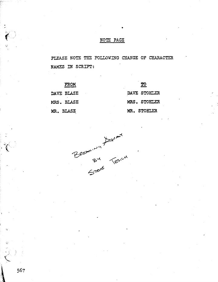 Breaking Away screenplay first page