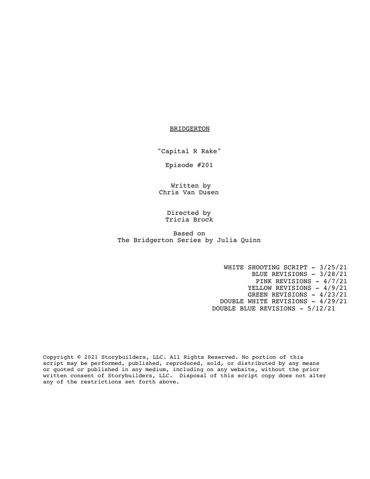 Bridgerton: 201: Capital R Rake screenplay first page