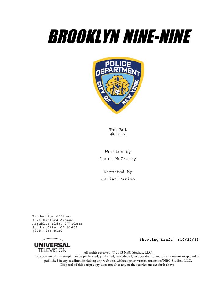 Brooklyn Nine-Nine: 113: The Bet screenplay first page