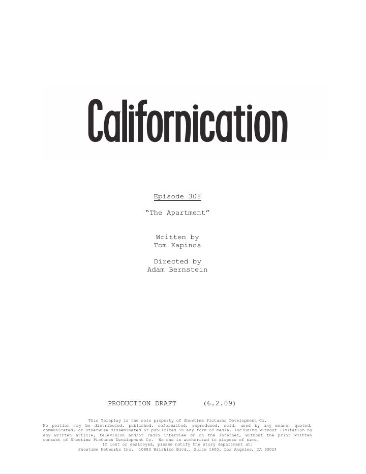 Californication: 308: The Apartment screenplay first page