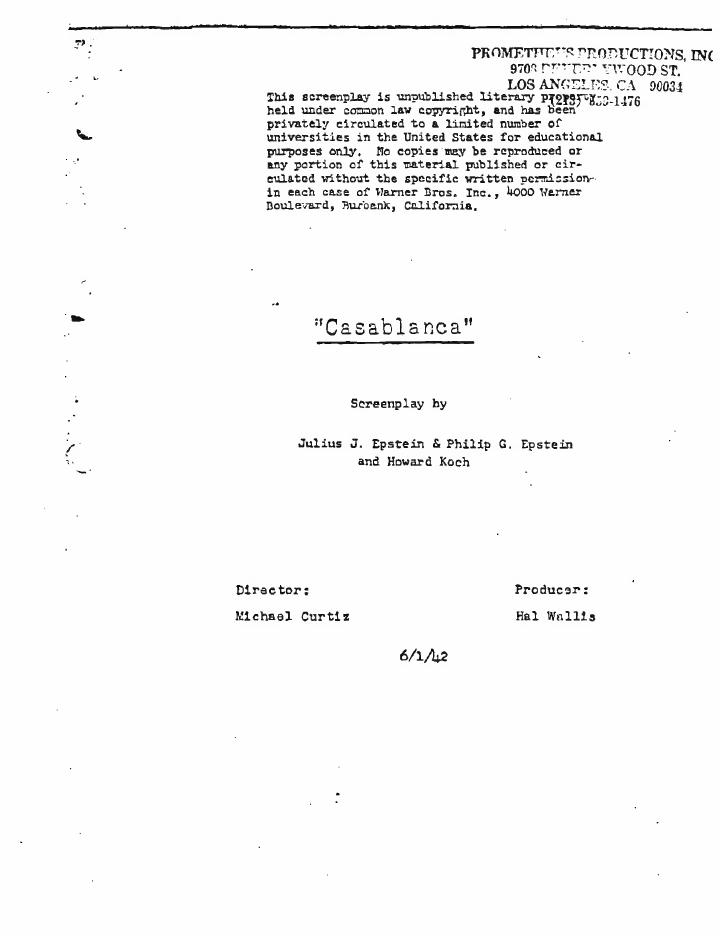 Casablanca (1942) screenplay PDF first page