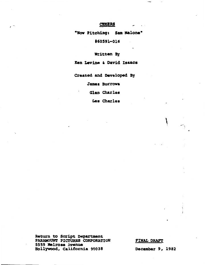 Cheers: 113: Now Pitching, Sam Malone screenplay first page