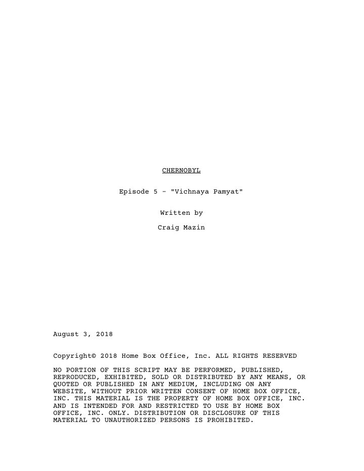 Chernobyl: 105: Vichnaya Pamyat screenplay first page