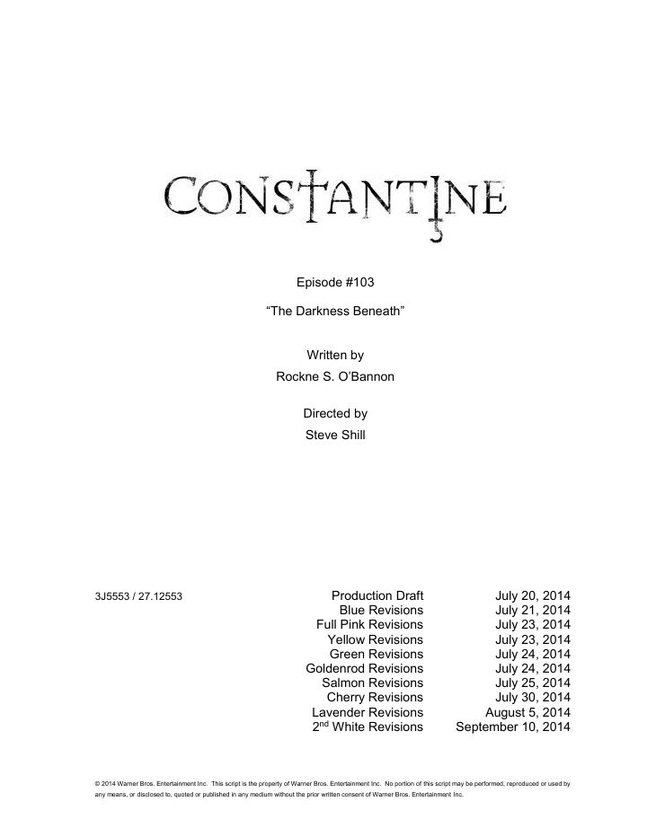 Constantine: 102: The Darkness Beneath screenplay first page