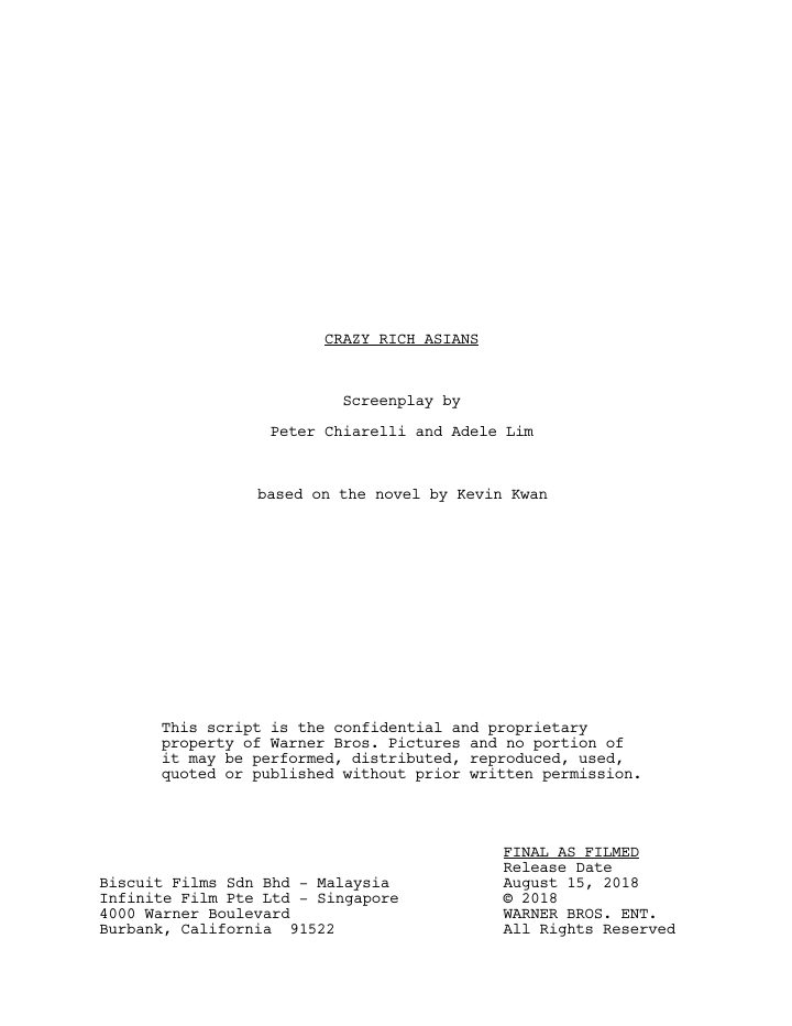 Crazy Rich Asians screenplay first page