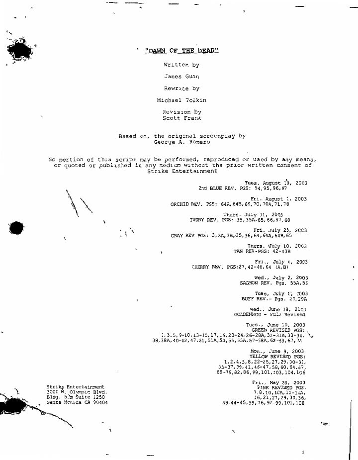 Dawn of the Dead screenplay first page