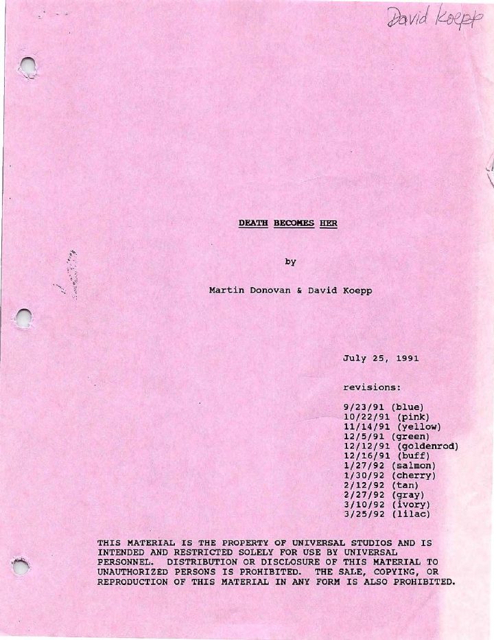Death Becomes Her screenplay first page