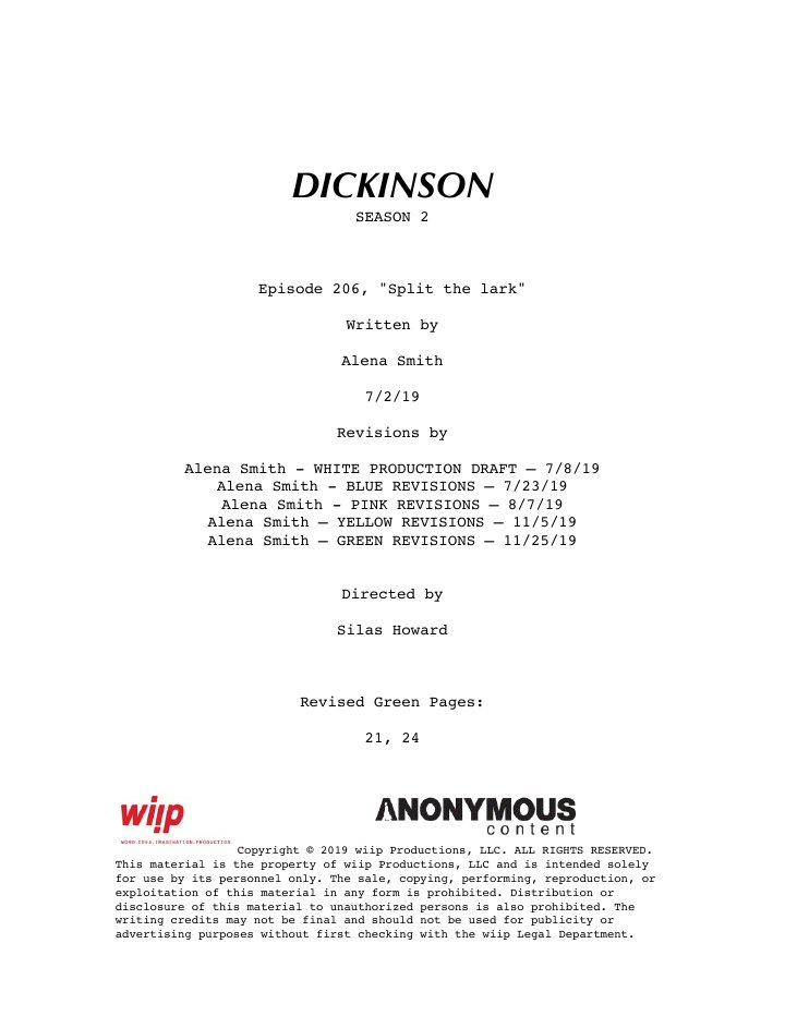 Dickinson: 206: Split the Lark screenplay first page