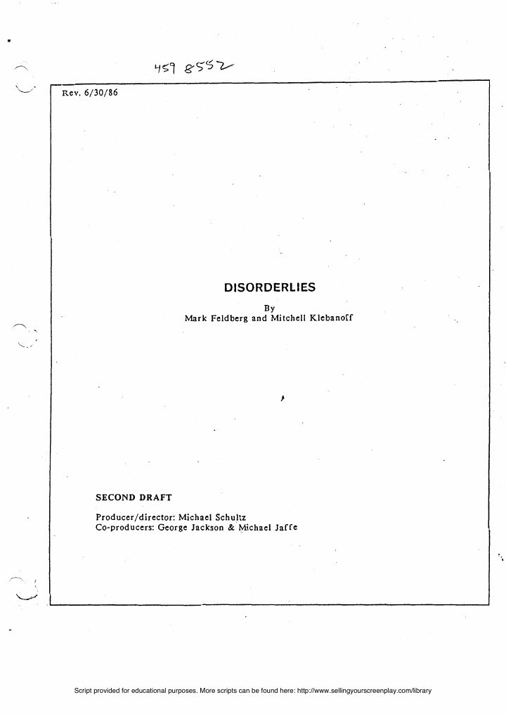 Disorderlies screenplay first page