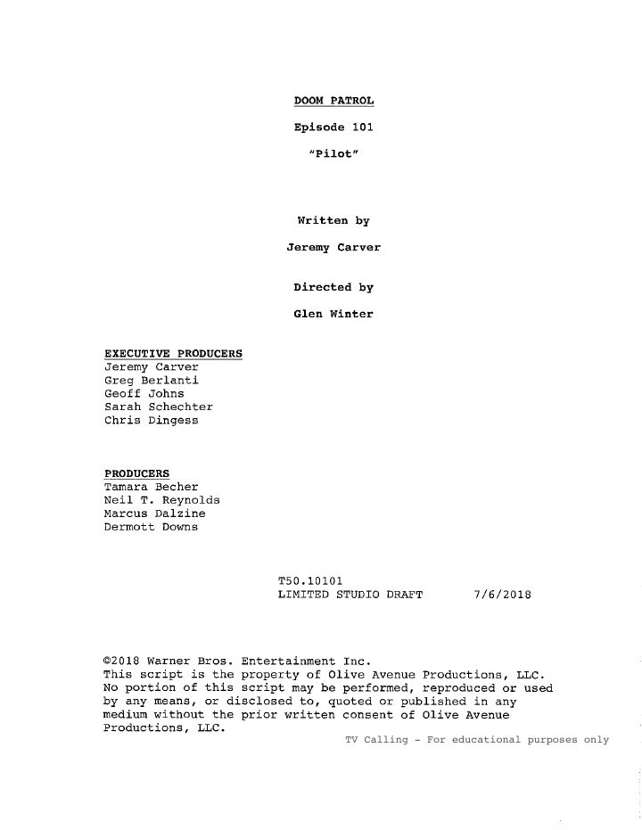 Doom Patrol: 101: Pilot screenplay first page