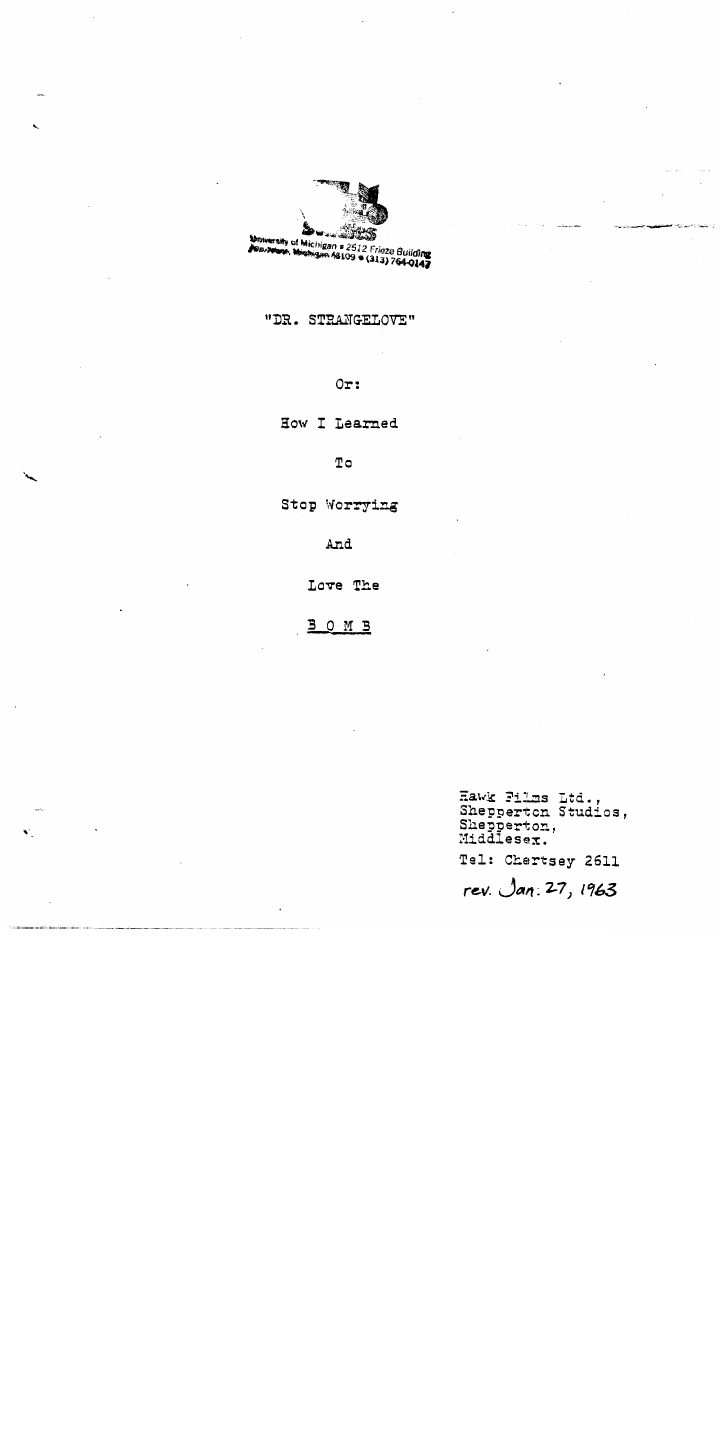 Dr. Strangelove or: How I Learned to Stop Worrying and Love the Bomb screenplay first page