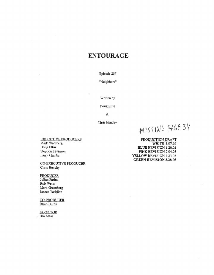 Entourage: 205: Neighbors screenplay first page