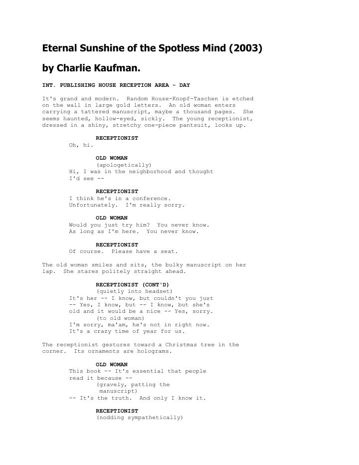 Eternal Sunshine of the Spotless Mind (2004) screenplay PDF first page