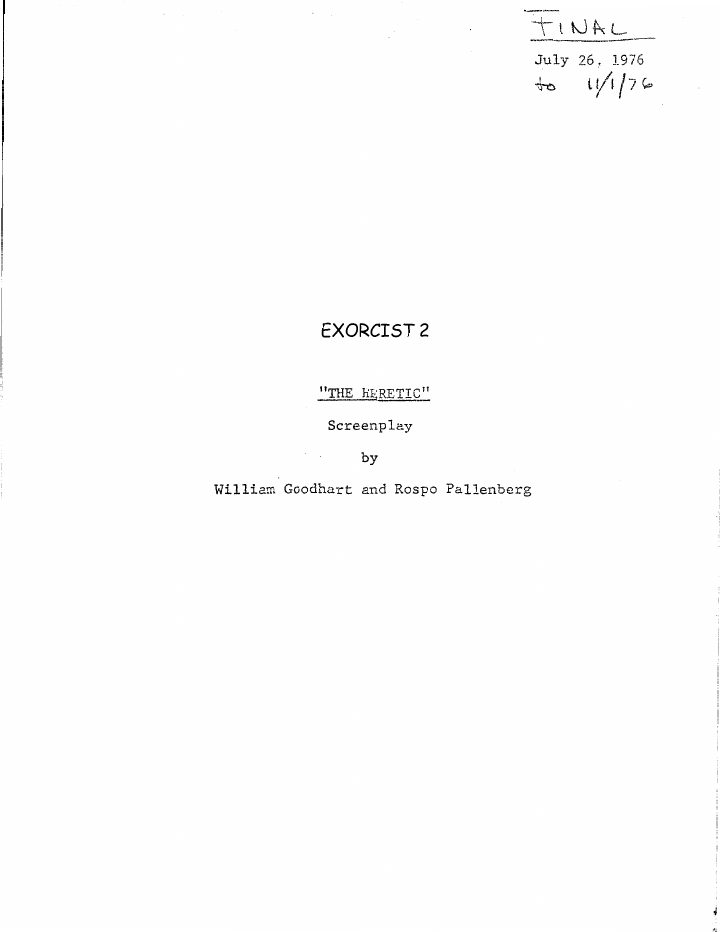 Exorcist II: The Heretic screenplay first page