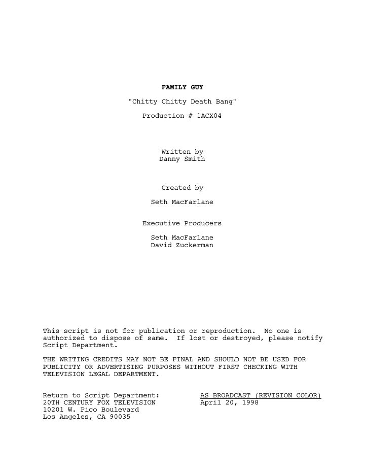 Family Guy: 103: Chitty Chitty Death Bang screenplay first page