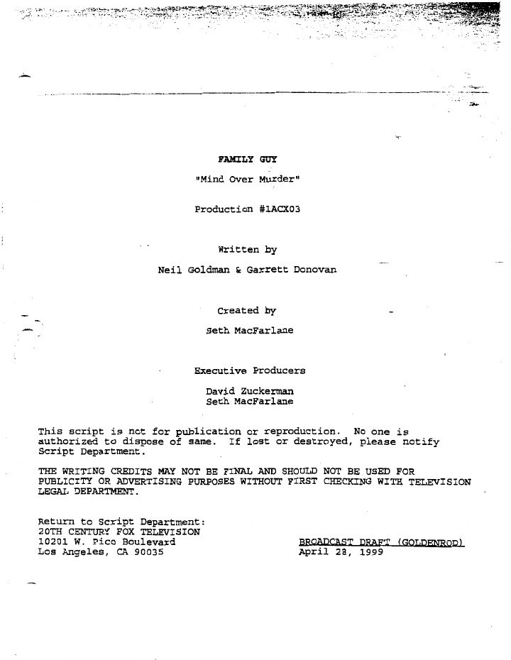 Family Guy: 104: Mind Over Murder screenplay first page