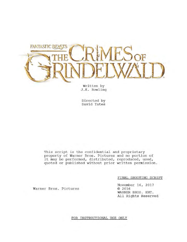 Fantastic Beasts: The Crimes of Grindelwald screenplay first page