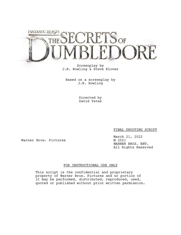 Fantastic Beasts: The Secrets of Dumbledore screenplay first page