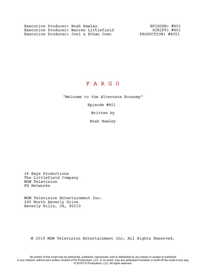 Fargo: 401: Welcome to the Alternate Economy screenplay first page