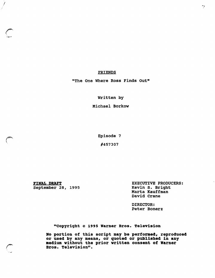 Friends: 207: The One Where Ross Finds Out screenplay first page