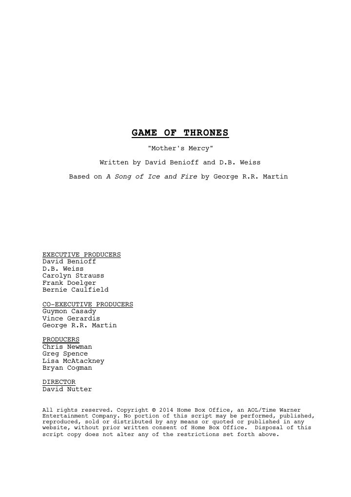 Game of Thrones: 510: Mother's Mercy screenplay first page
