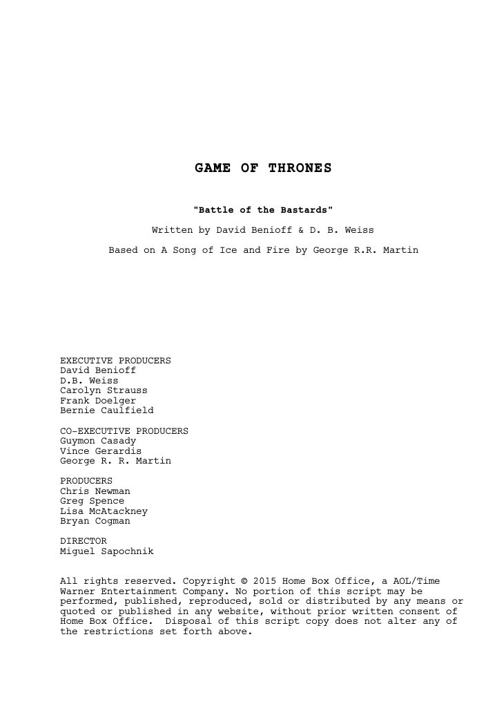 Game of Thrones: 609: Battle of the Bastards screenplay first page