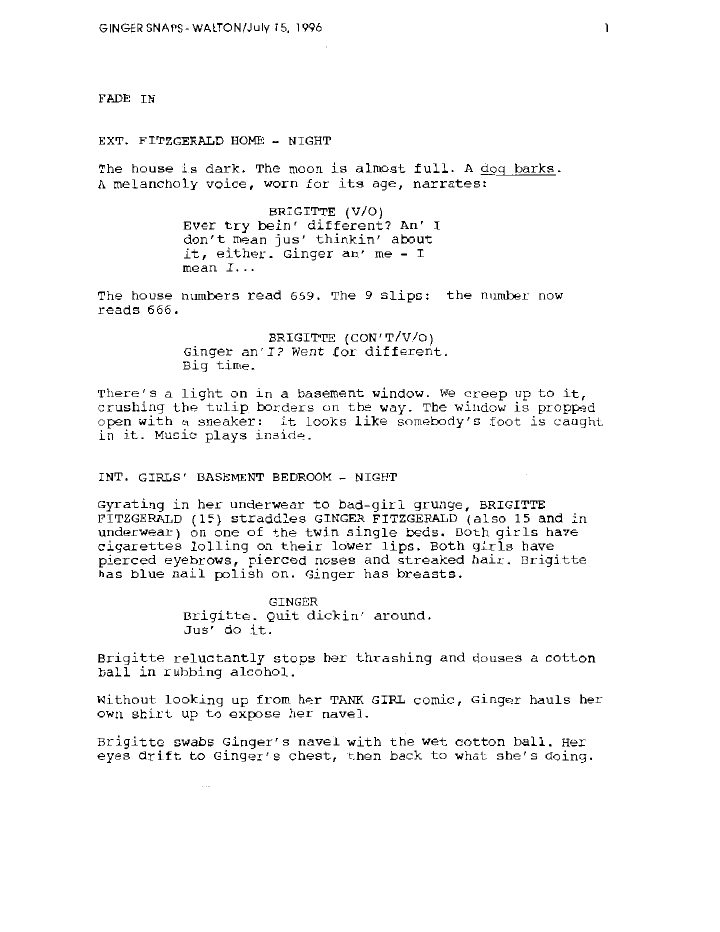 Ginger Snaps screenplay first page