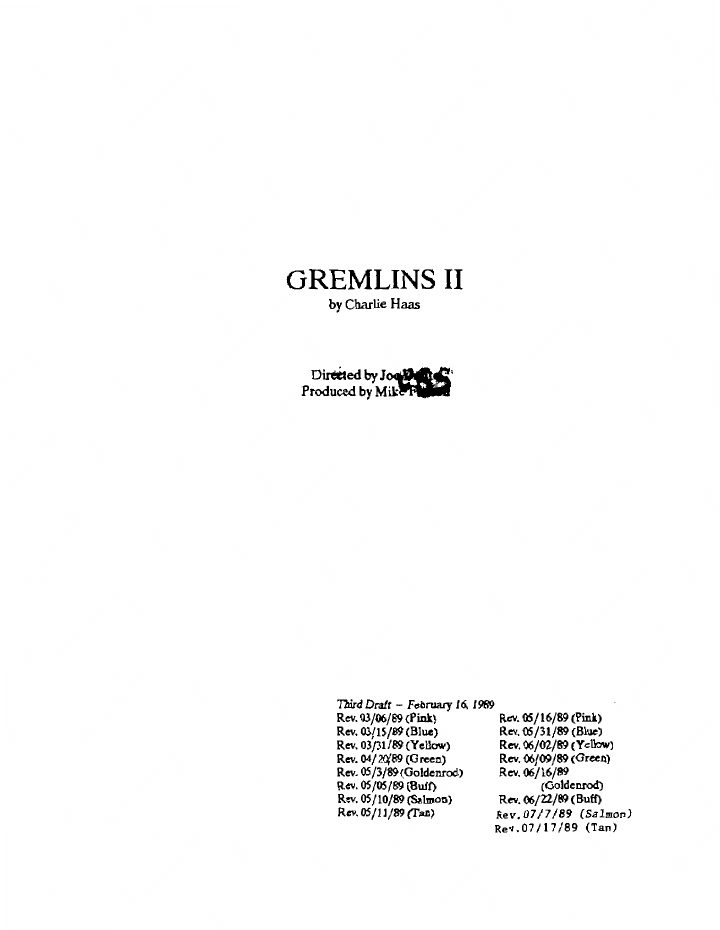 Gremlins 2: The New Batch screenplay first page