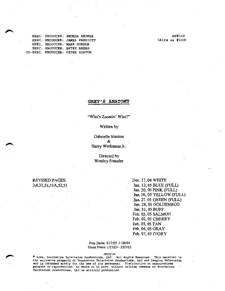 Grey's Anatomy: 109: Who's Zoomin' Who? screenplay first page