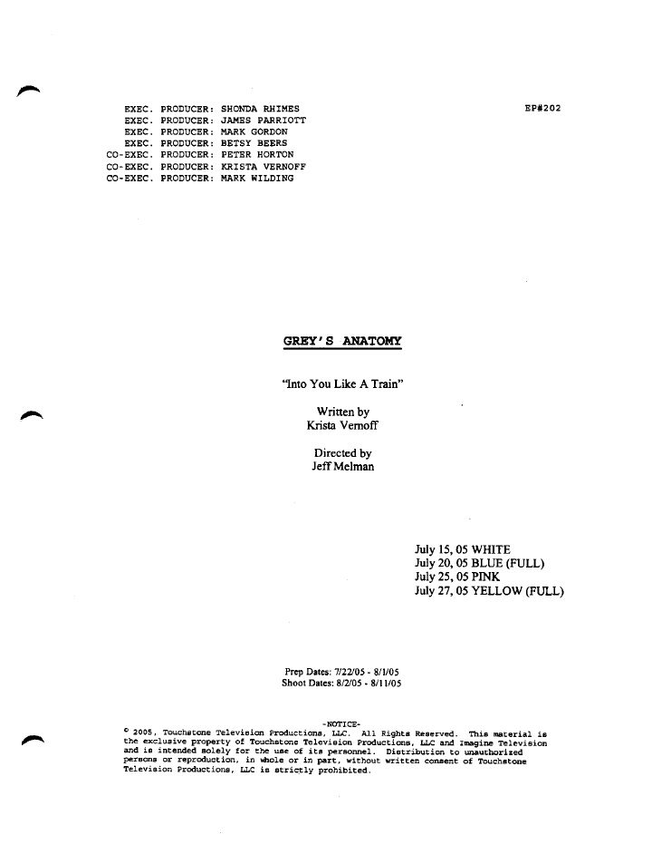 Grey's Anatomy: 206: Into You Like a Train screenplay first page