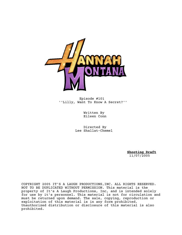 Hannah Montana: 101: Lilly, Do You Want to Know a Secret? screenplay first page